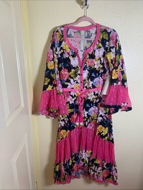 NWOT Aratta Black Maxi Dress with Hot Pink Trim & Floral Print, Size XS
